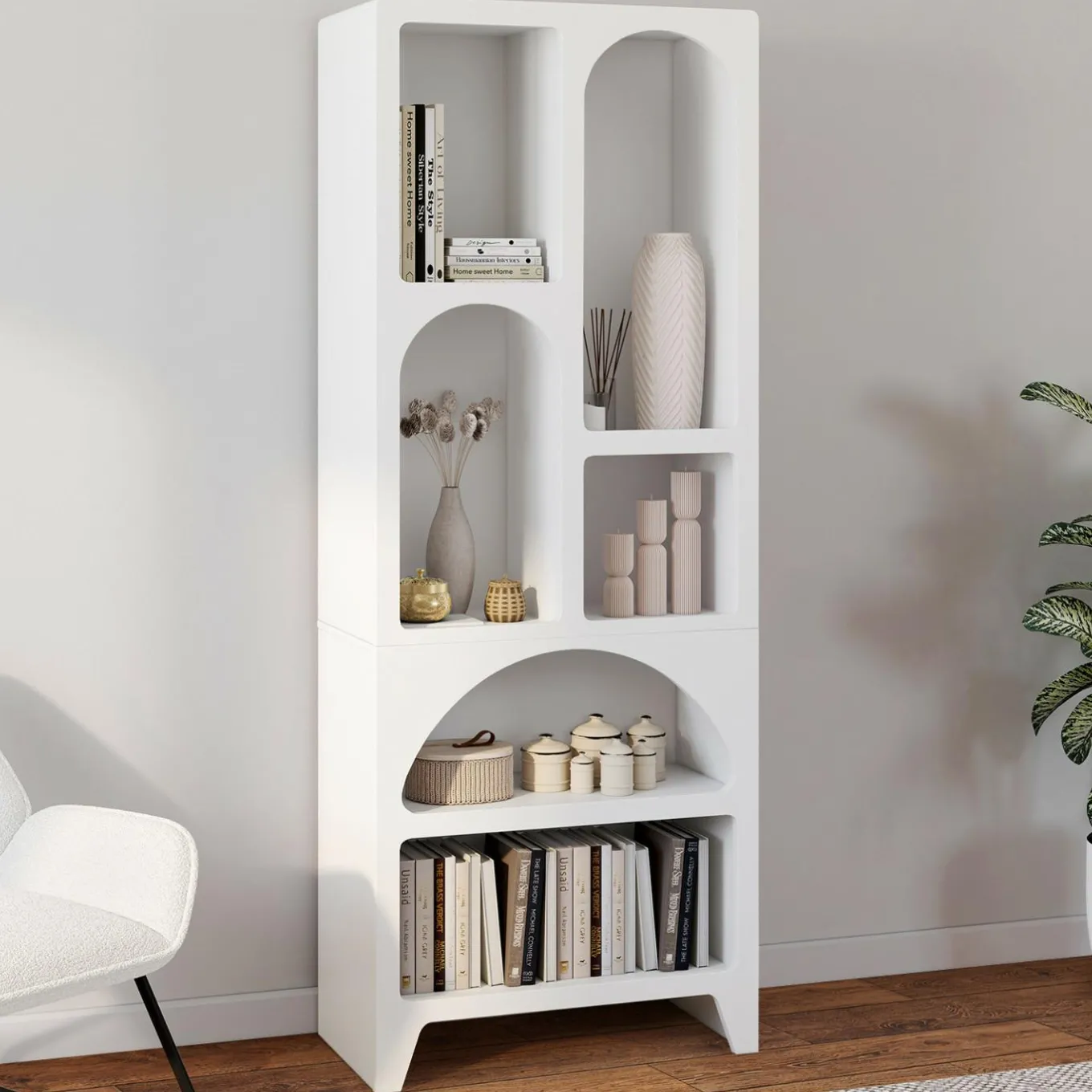 IDMarket Etagère bibliothèque 6 compartiments style organique bois blanc* Etagères|Bibliothèques
