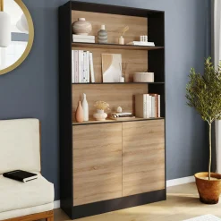 IDMarket Etagère bibliothèque 3 niveaux XXL 1 placard noir et effet bois 190 cm* Meubles Hauts|Meubles Noirs