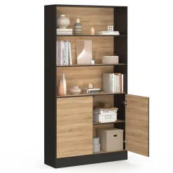 IDMarket Etagère bibliothèque 3 niveaux XXL 1 placard noir et effet bois 190 cm* Meubles Hauts|Meubles Noirs