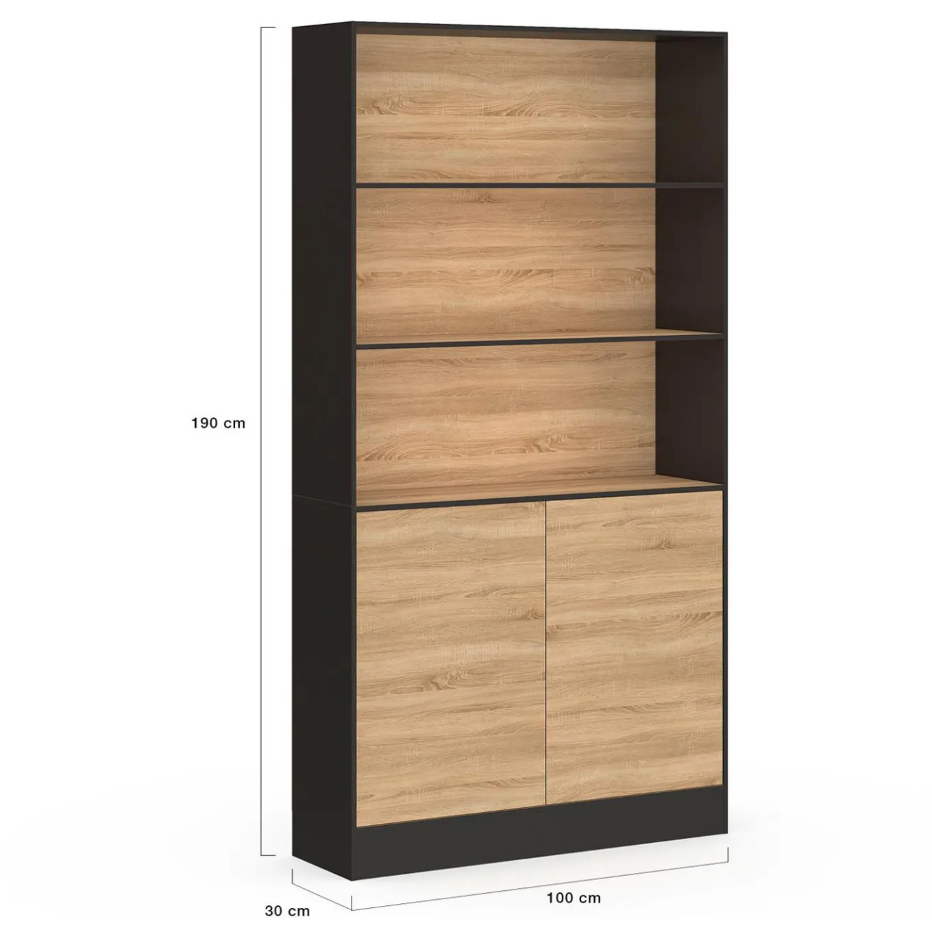 IDMarket Etagère bibliothèque 3 niveaux XXL 1 placard noir et effet bois 190 cm* Meubles Hauts|Meubles Noirs