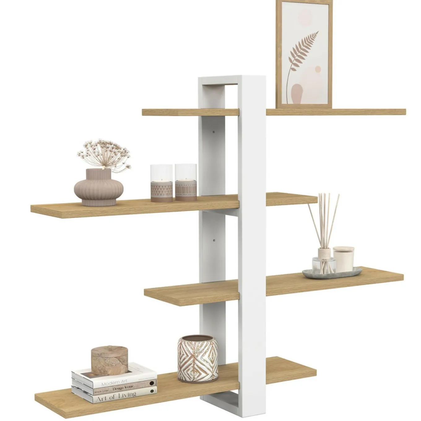 IDMarket Etagère murale avec étagères coulissantes ORA 4 niveaux façon hêtre et blanc* Etagères|Petits Meubles