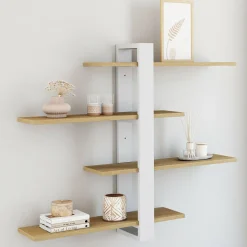 IDMarket Etagère murale avec étagères coulissantes ORA 4 niveaux façon hêtre et blanc* Etagères|Petits Meubles