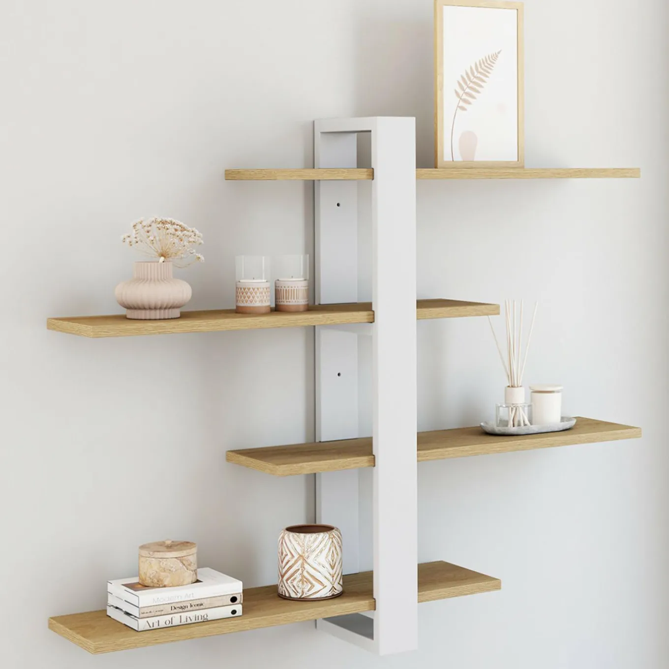 IDMarket Etagère murale avec étagères coulissantes ORA 4 niveaux façon hêtre et blanc* Etagères|Petits Meubles