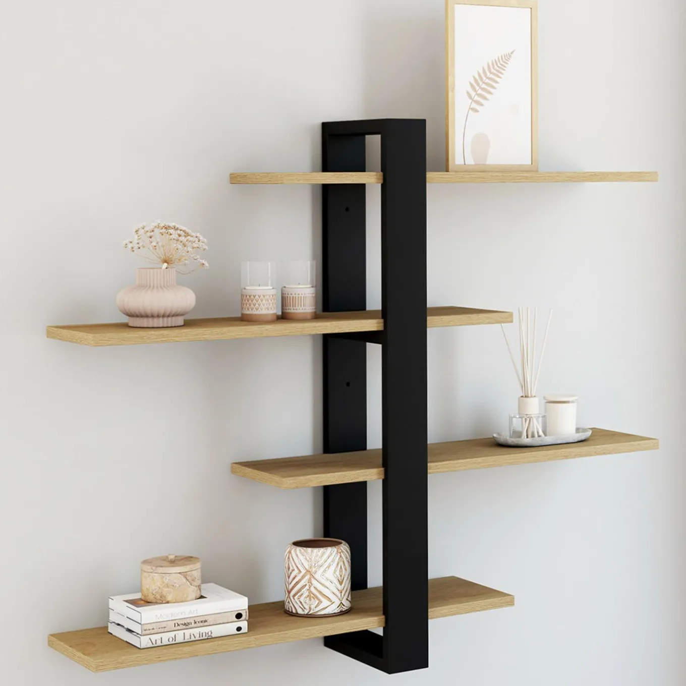 IDMarket Etagère murale avec étagères coulissantes ORA 4 niveaux façon hêtre et noir* Etagères|Petits Meubles