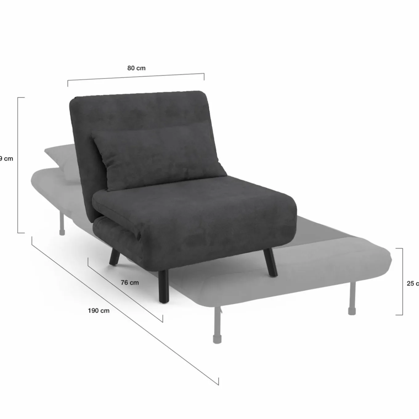 IDMarket Fauteuil convertible en lit 1 place velours gris anthracite* Fauteuils