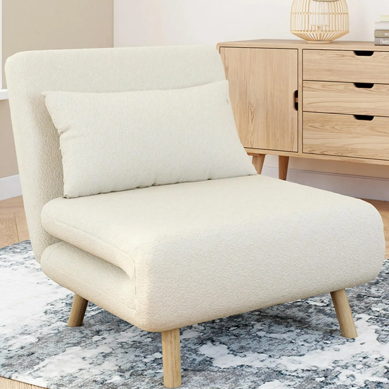 IDMarket Fauteuil convertible en lit d'appoint 1 place 80x190 cm bouclette blanc* Collection Scandinave|Fauteuils