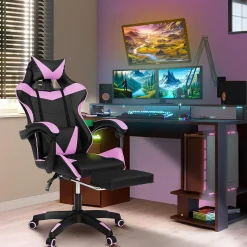 IDMarket Fauteuil gamer noir et rose avec repose-pied + coussin tête et lombaire* Collection Télétravail|Chaises De Bureau Et Accessoires