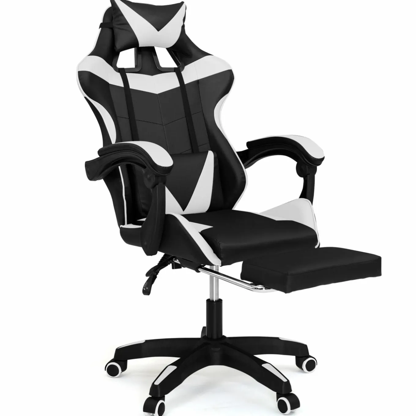 IDMarket Fauteuil gamer réglable et inclinable avec repose-pied et coussins noir et blanc* Collection Télétravail|Chaises De Bureau Et Accessoires