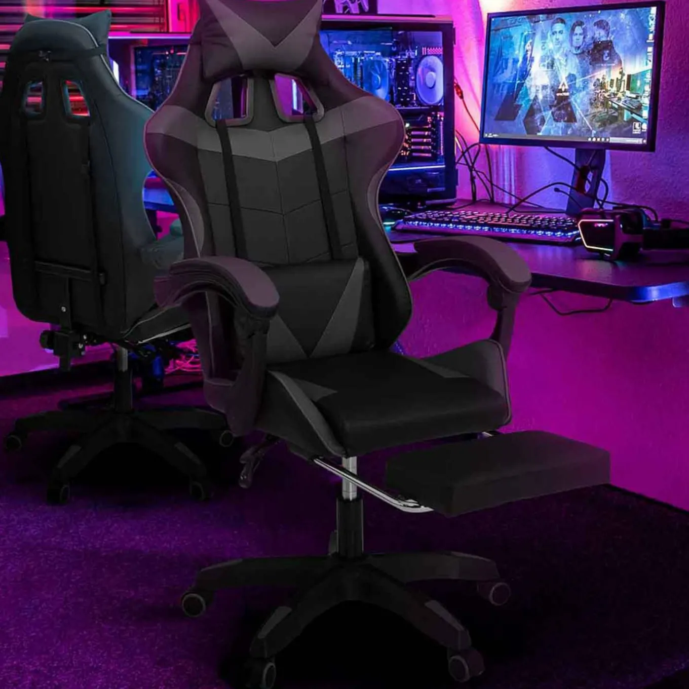 IDMarket Fauteuil gamer réglable et inclinable avec repose-pied et coussins noir et gris* Collection Télétravail|Chaises De Bureau Et Accessoires