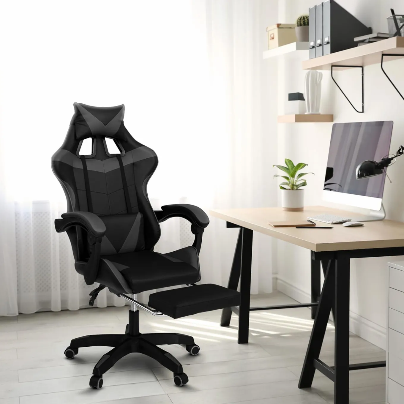 IDMarket Fauteuil gamer réglable et inclinable avec repose-pied et coussins noir et gris* Collection Télétravail|Chaises De Bureau Et Accessoires