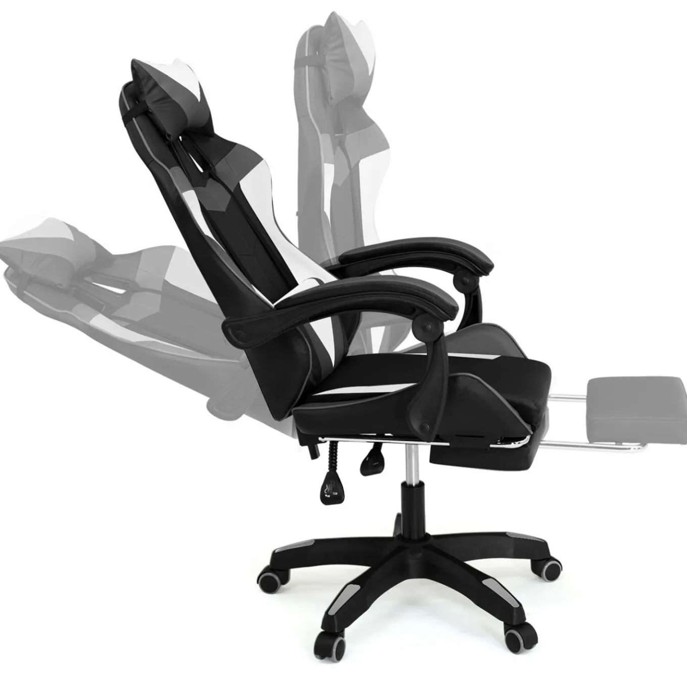 IDMarket Fauteuil gamer réglable, inclinable avec repose-pied et coussins noir, blanc et gris* Collection Télétravail|Chaises De Bureau Et Accessoires