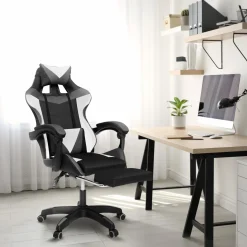 IDMarket Fauteuil gamer réglable, inclinable avec repose-pied et coussins noir, blanc et gris* Collection Télétravail|Chaises De Bureau Et Accessoires