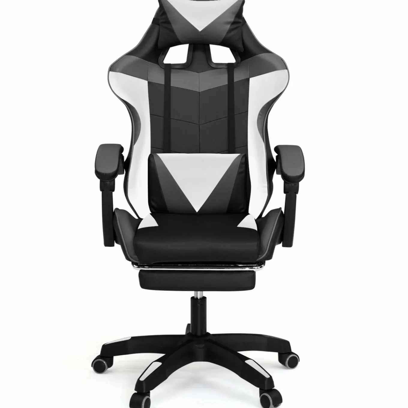 IDMarket Fauteuil gamer réglable, inclinable avec repose-pied et coussins noir, blanc et gris* Collection Télétravail|Chaises De Bureau Et Accessoires