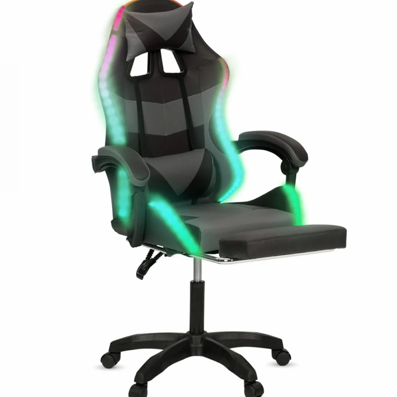 IDMarket Fauteuil gaming LED noir et gris avec repose-pied, coussin tête + lombaire* Collection Télétravail|Chaises De Bureau Et Accessoires