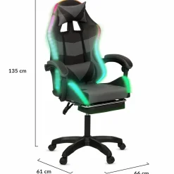 IDMarket Fauteuil gaming LED noir et gris avec repose-pied, coussin tête + lombaire* Collection Télétravail|Chaises De Bureau Et Accessoires