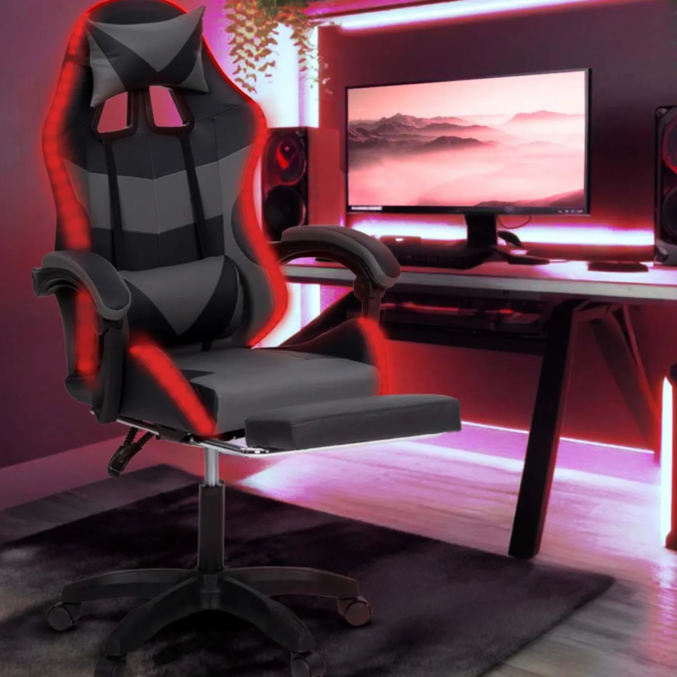 IDMarket Fauteuil gaming LED noir et gris avec repose-pied, coussin tête + lombaire* Collection Télétravail|Chaises De Bureau Et Accessoires