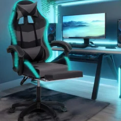 IDMarket Fauteuil gaming LED noir et gris avec repose-pied, coussin tête + lombaire* Collection Télétravail|Chaises De Bureau Et Accessoires