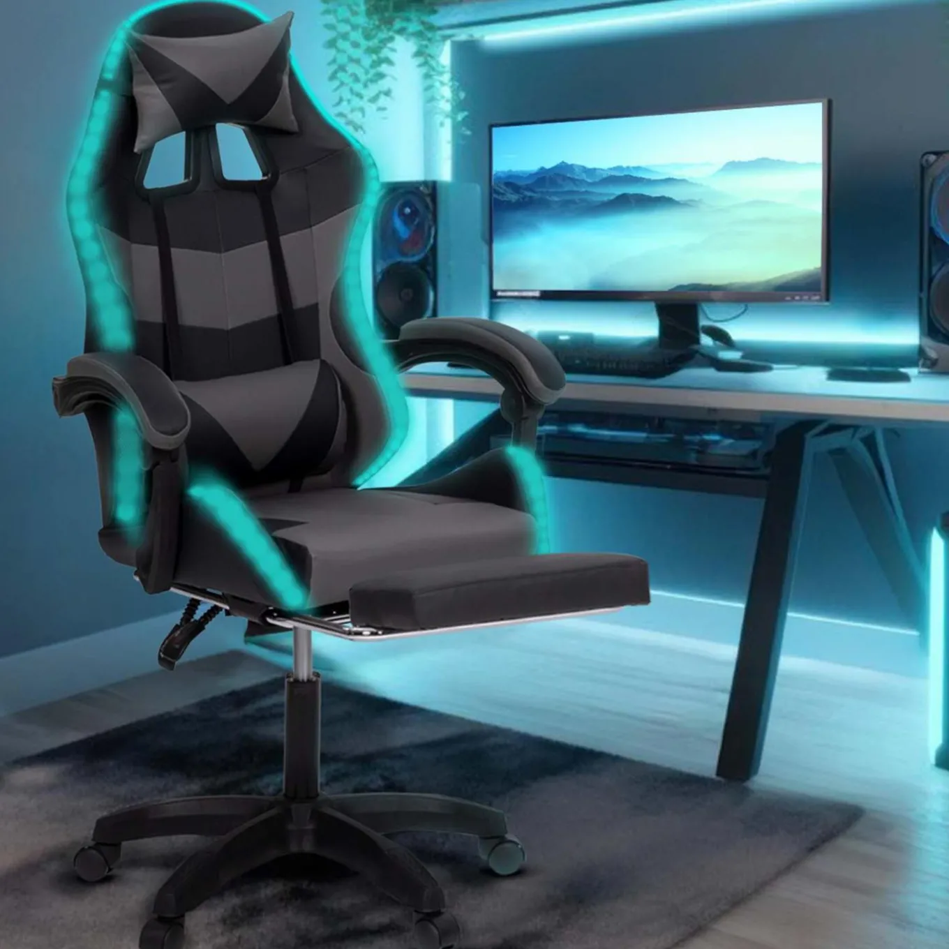 IDMarket Fauteuil gaming LED noir et gris avec repose-pied, coussin tête + lombaire* Collection Télétravail|Chaises De Bureau Et Accessoires