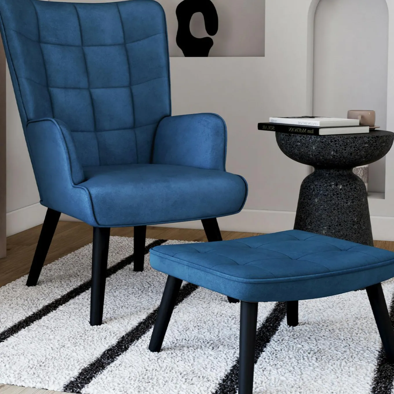 IDMarket Fauteuil scandinave en velours bleu avec repose-pieds* Collection Vintage|Collection Scandinave