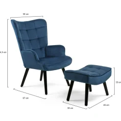 IDMarket Fauteuil scandinave en velours bleu avec repose-pieds* Collection Vintage|Collection Scandinave