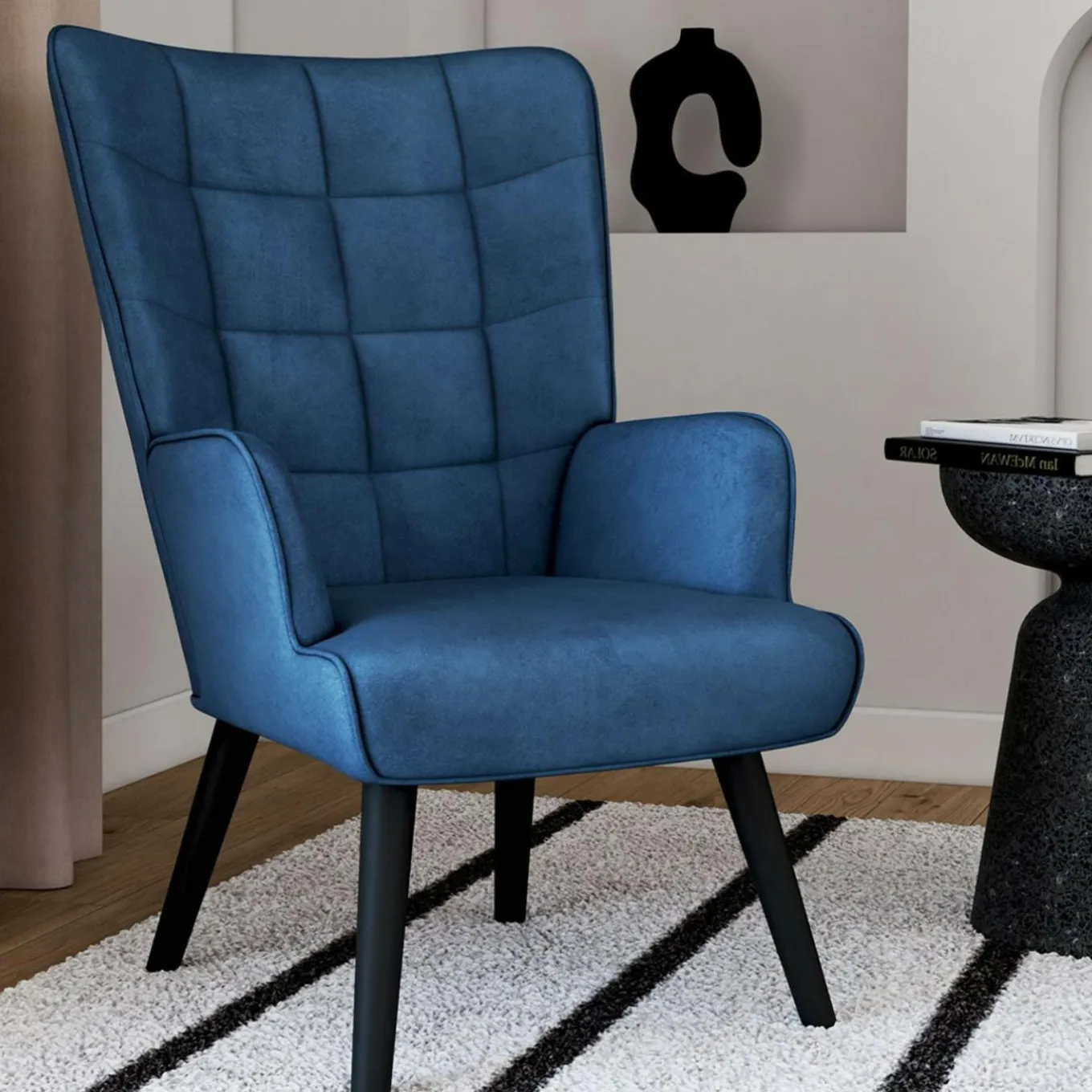 IDMarket Fauteuil scandinave en velours bleu* Collection Vintage|Collection Scandinave