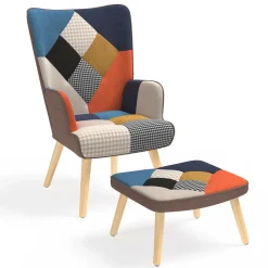 IDMarket Fauteuil scandinave multicolore imprimé pied de poule avec repose pieds* Collection Scandinave|Salon Complet