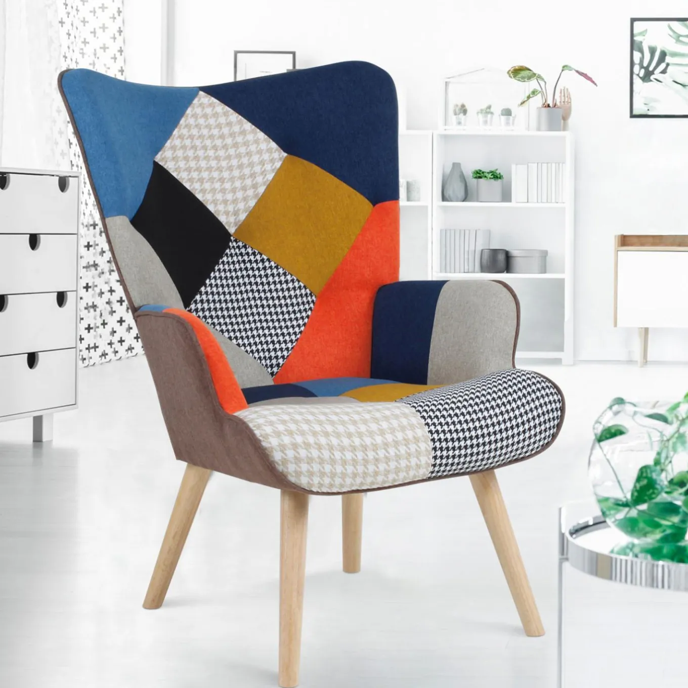 IDMarket Fauteuil scandinave multicolore et imprimé pied de poule* Collection Agencement Magasin|Collection Scandinave