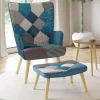 IDMarket Fauteuil scandinave velours bleu et patchwork avec repose pied* Collection Scandinave|Salon Complet