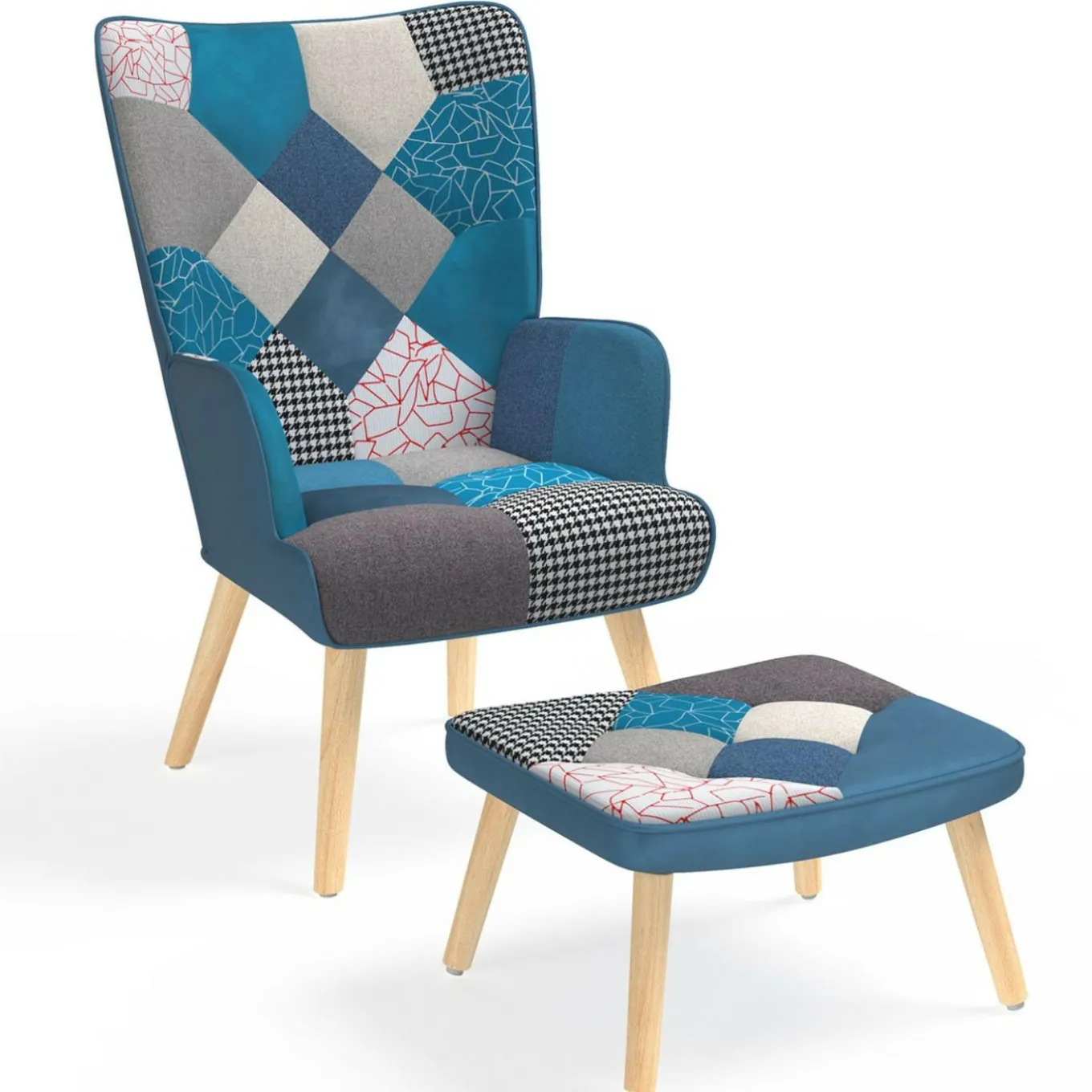 IDMarket Fauteuil scandinave velours bleu et patchwork avec repose pied* Collection Scandinave|Salon Complet