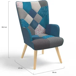 IDMarket Fauteuil scandinave velours bleu et patchwork avec repose pied* Collection Scandinave|Salon Complet