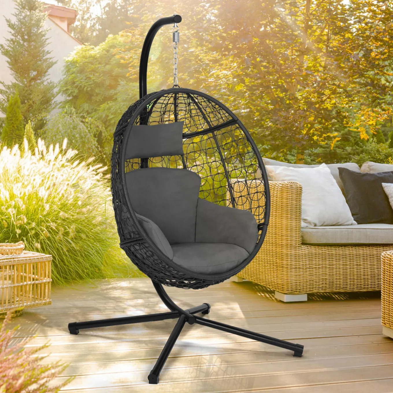 IDMarket Fauteuil œuf suspendu avec coussins gris* Fauteuils De Jardin