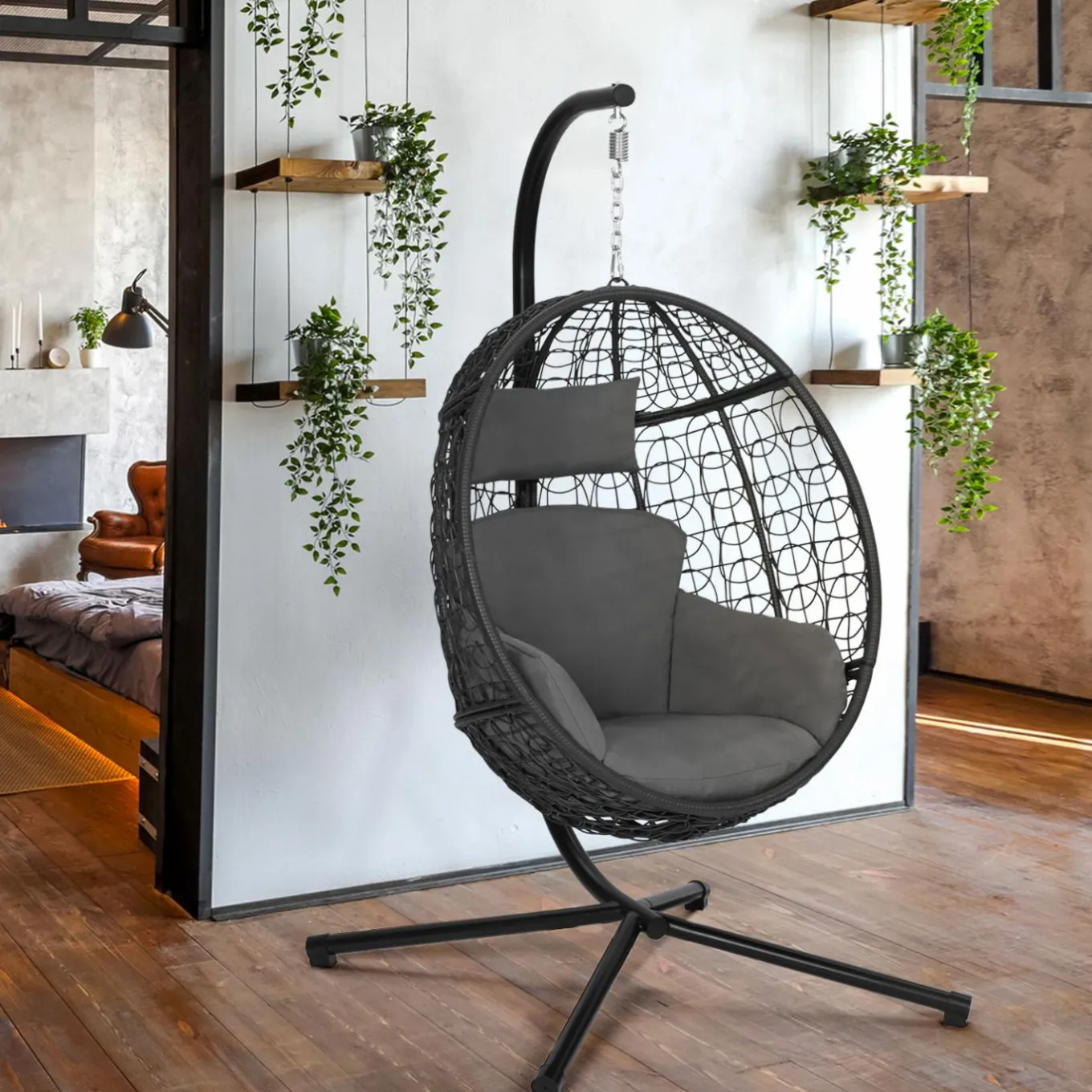 IDMarket Fauteuil œuf suspendu avec coussins gris* Fauteuils De Jardin