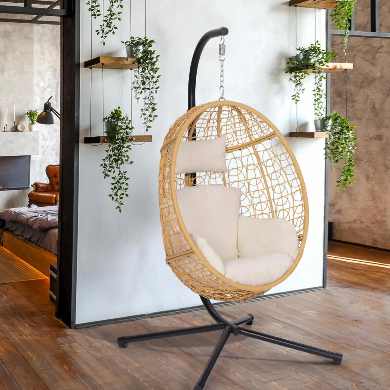 IDMarket Fauteuil œuf suspendu effet rotin avec coussins écru* Fauteuils De Jardin