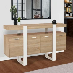 IDMarket Grand buffet bois et blanc 160 cm 4 portes* Salle À Manger Complète|Salon Complet