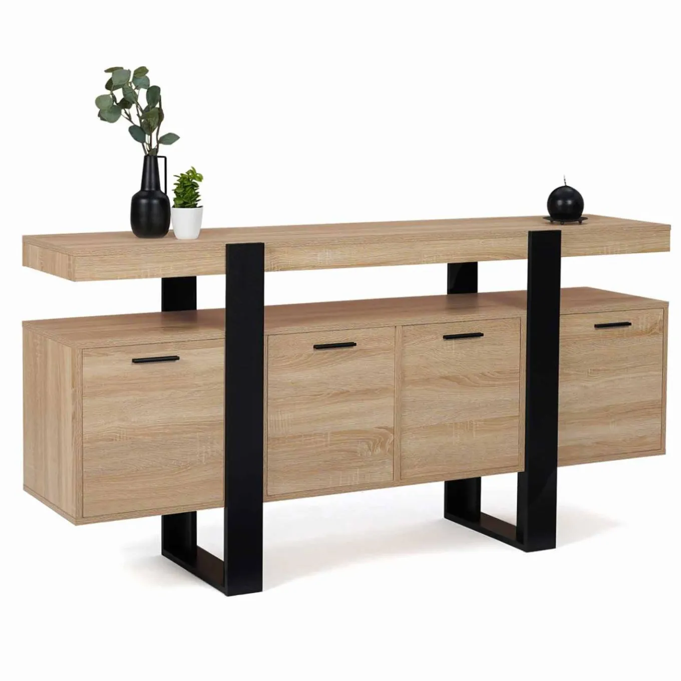 IDMarket Grand buffet bois et noir 160 cm 4 portes* Salle À Manger Complète|Salon Complet