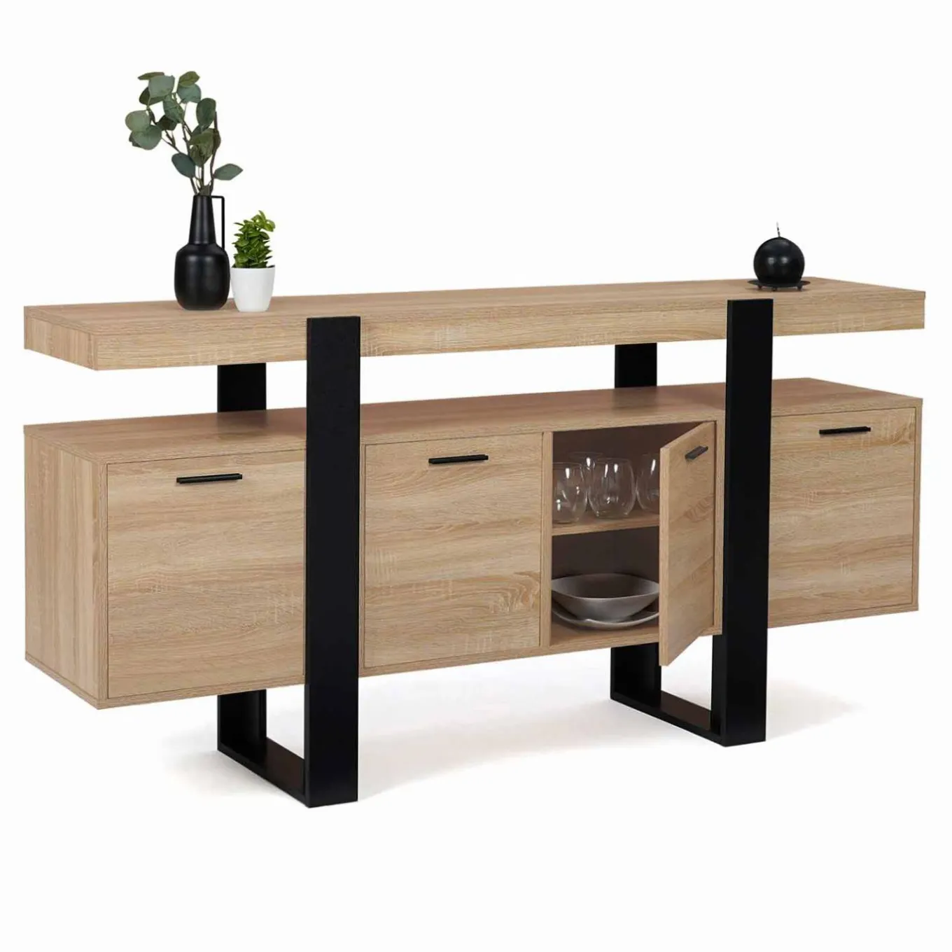 IDMarket Grand buffet bois et noir 160 cm 4 portes* Salle À Manger Complète|Salon Complet