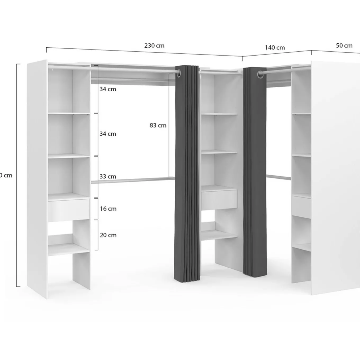 IDMarket Grand dressing d’angle extensible 230x140x180 cm blanc* Dressings Et Portants Vêtements|Chambre Complète Adulte