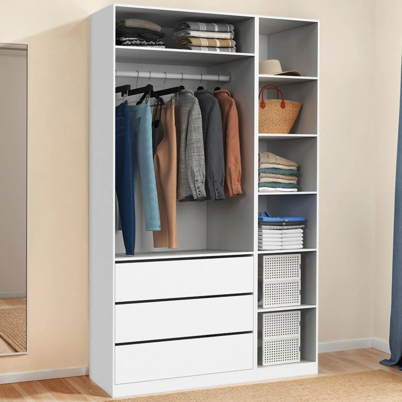 IDMarket Grand dressing modulable blanc 200 cm avec 1 penderie, 7 étagères et 3 tiroirs* Dressings Et Portants Vêtements