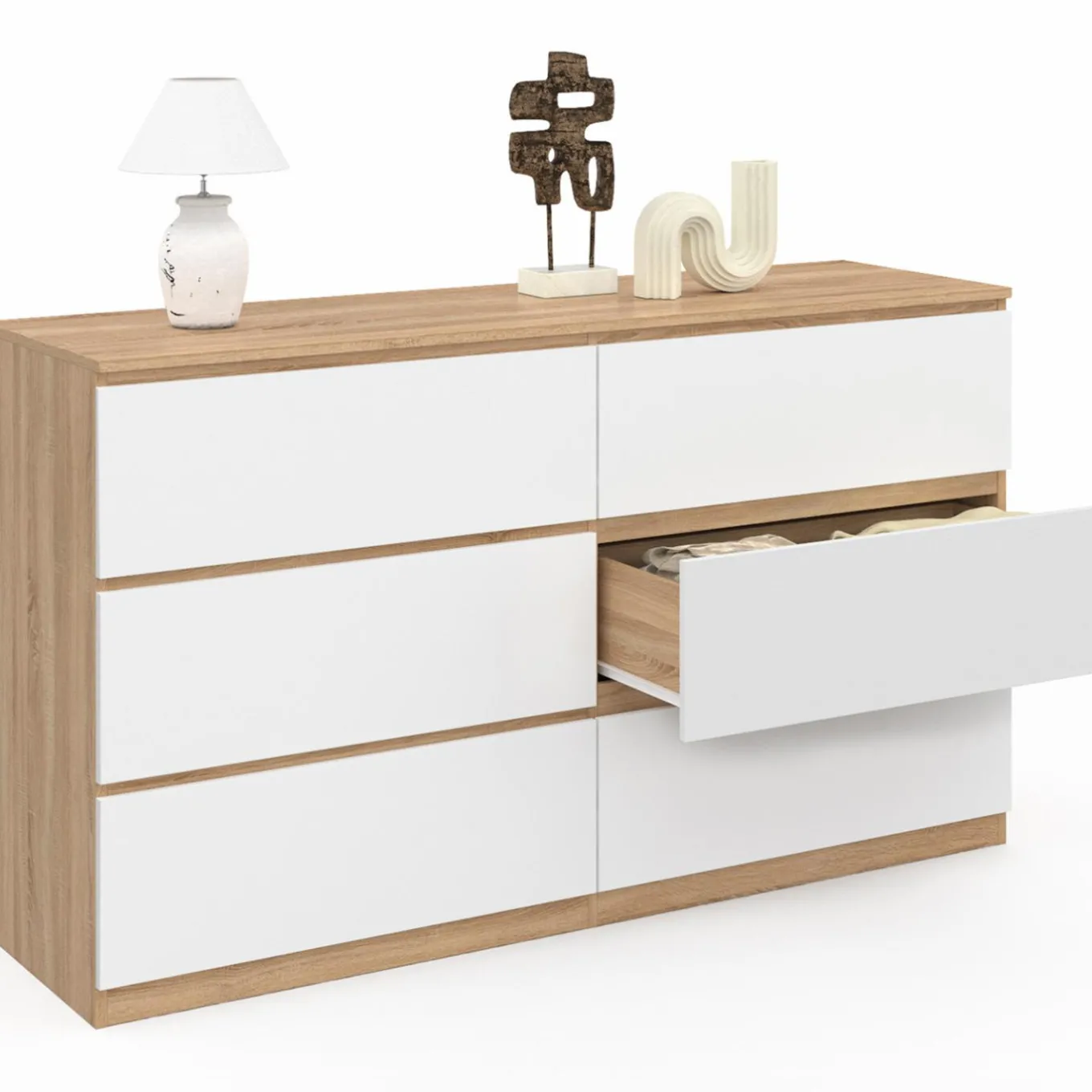 IDMarket Grande commode 6 tiroirs façon hêtre et blanc* Meubles Tiroirs|Meubles Bas