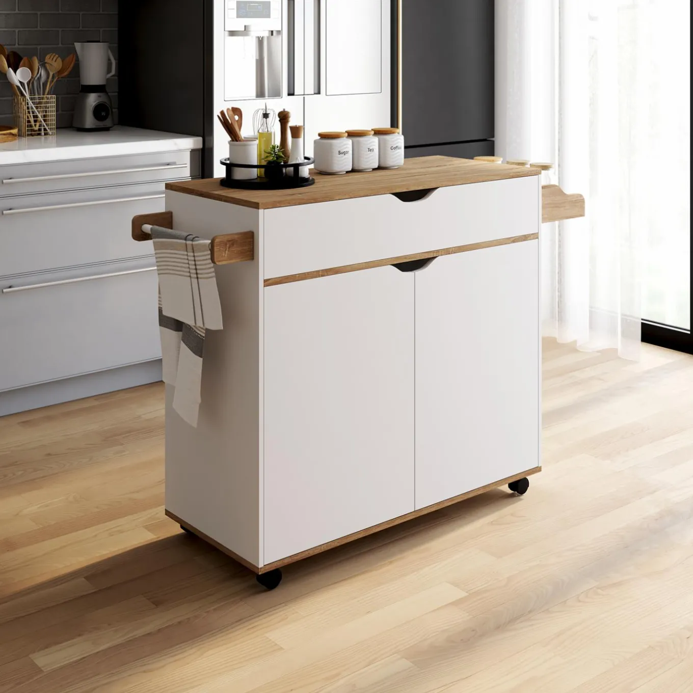 IDMarket Grande desserte cuisine blanche et bois avec placard et tiroir* Meubles Tiroirs|Meubles Blancs