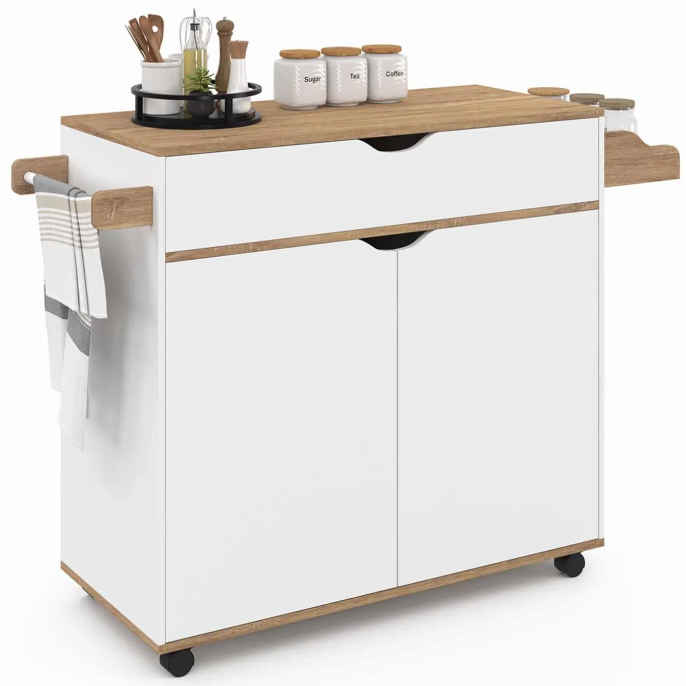 IDMarket Grande desserte cuisine blanche et bois avec placard et tiroir* Meubles Tiroirs|Meubles Blancs