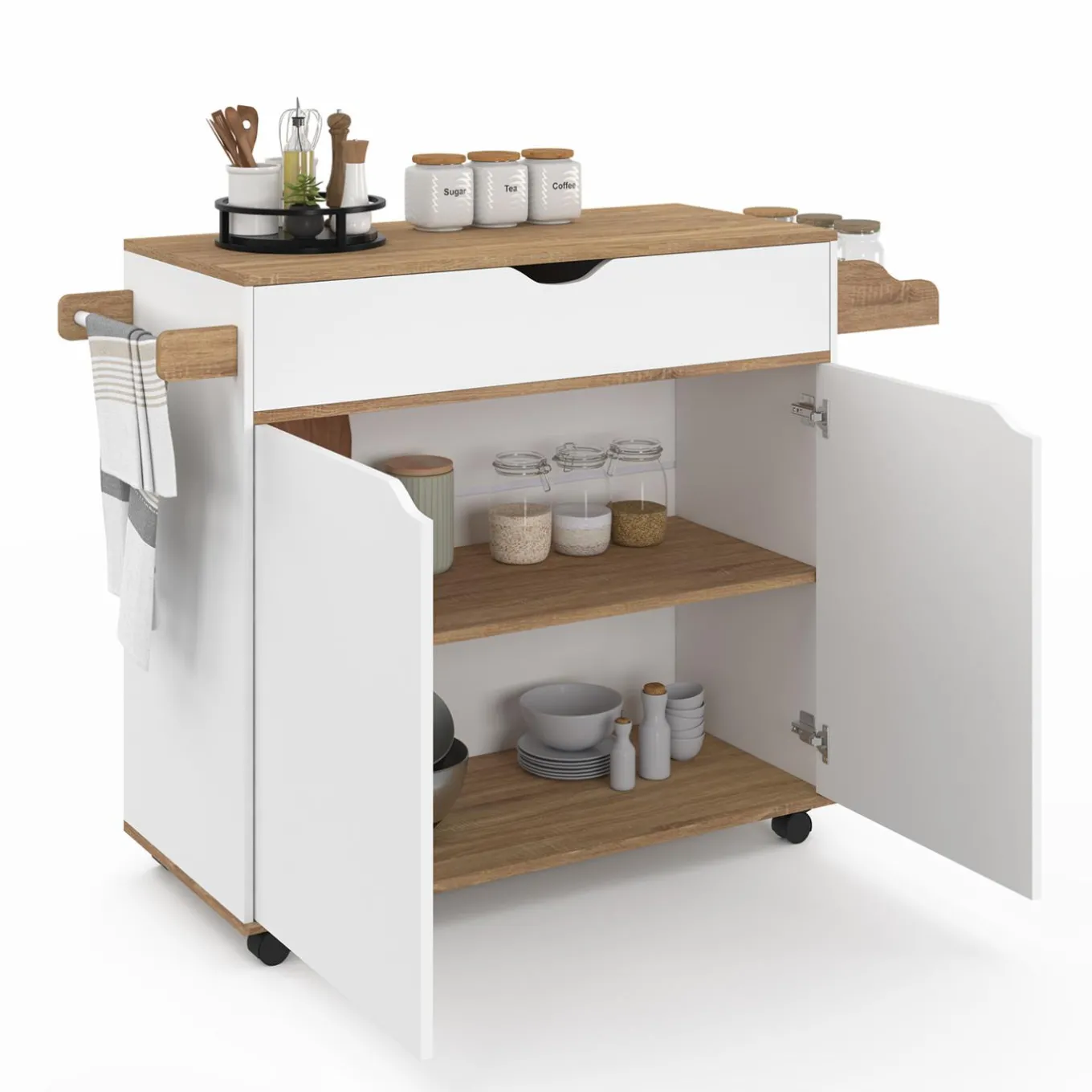 IDMarket Grande desserte cuisine blanche et bois avec placard et tiroir* Meubles Tiroirs|Meubles Blancs