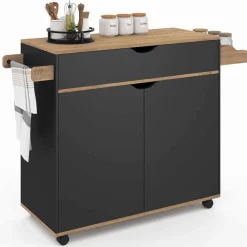 IDMarket Grande desserte de cuisine noire et bois avec placard et tiroir* Meubles Tiroirs|Meubles Bas