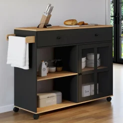 IDMarket Grande desserte de cuisine avec placard vitré bois et noir* Meubles Tiroirs|Meubles Noirs