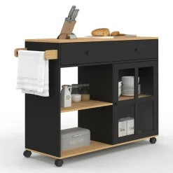 IDMarket Grande desserte de cuisine avec placard vitré bois et noir* Meubles Tiroirs|Meubles Noirs