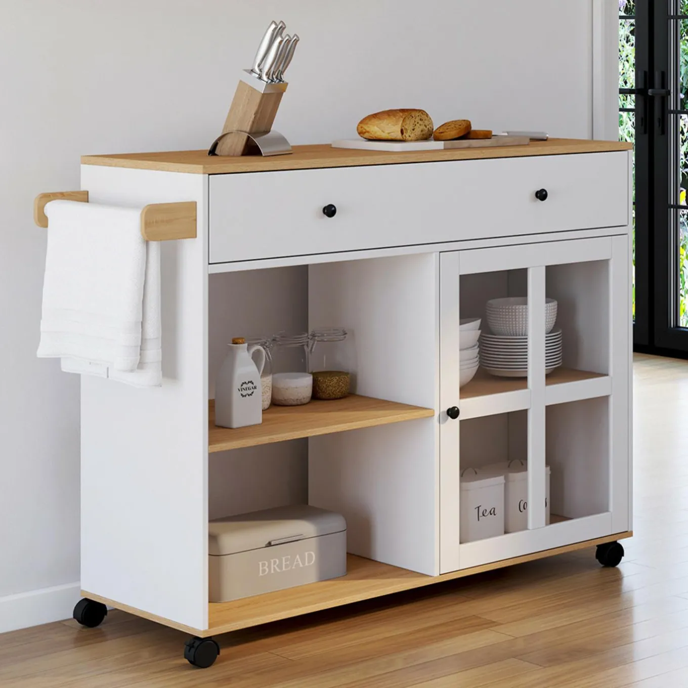 IDMarket Grande desserte de cuisine avec placard vitré bois et blanc* Meubles Tiroirs|Meubles Blancs