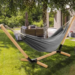 IDMarket Hamac gris anthracite en toile avec support bois* Hamacs