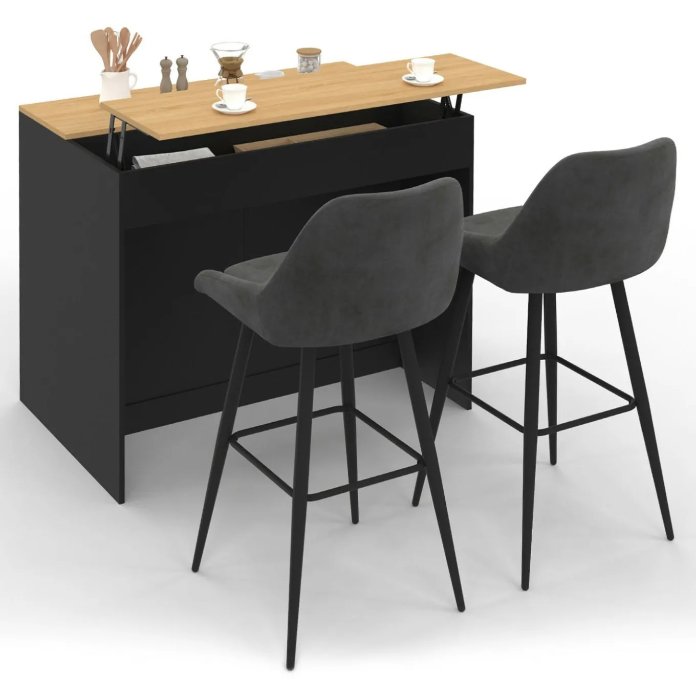 IDMarket Ilot central 110 cm avec tablette relevable rectangulaire bois noir et façon hêtre* Ilot Central