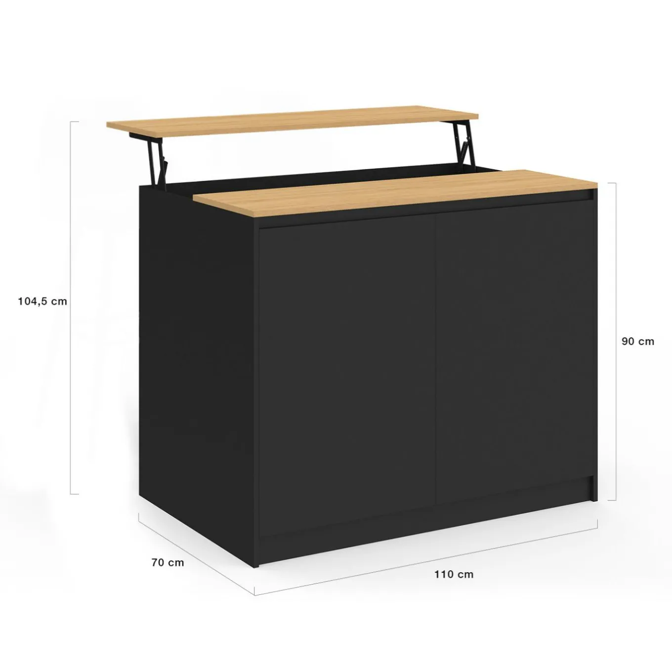 IDMarket Ilot central 110 cm avec tablette relevable rectangulaire bois noir et façon hêtre* Ilot Central