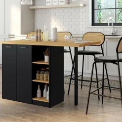 IDMarket Ilot central 140 cm bois noir avec plan de travail façon hêtre* Ilot Central